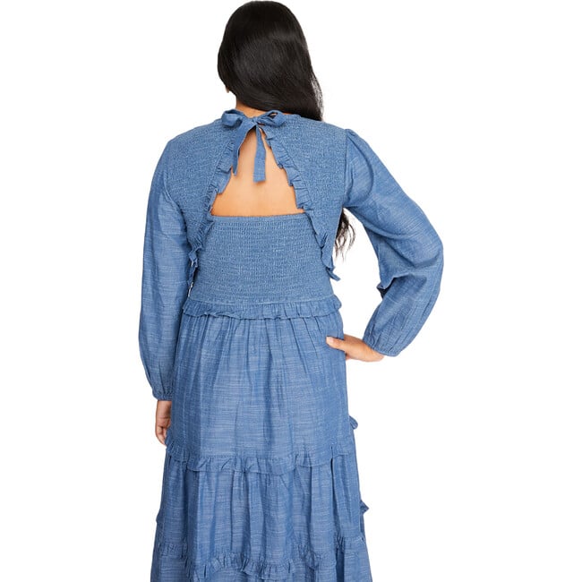 Women's Nell Chambray Long Puff Sleeve Smocked Bodice Pocket Dress, Blue - Dresses - 2