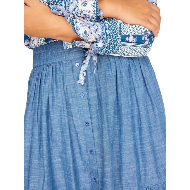 Women's Mimi Chambray Frilled Tier Gathered Elastic Waist Buttoned Maxi Skirt, Blue - Skirts - 2