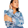 Women's Daisy Mixed Floral V-Neck Frill-Edged Collar Self-Tie Bow Wrist Blouse, Blue - Blouses - 2