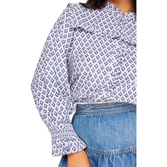 Women's Beth Diamond Ditsy Square Neck Pleated Collar Smocked Cuff Blouse, Blue - Blouses - 2