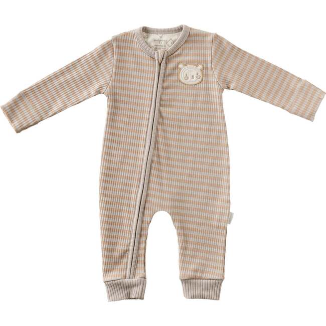 Striped Bear Zip Romper, Beige - Onesies - 1