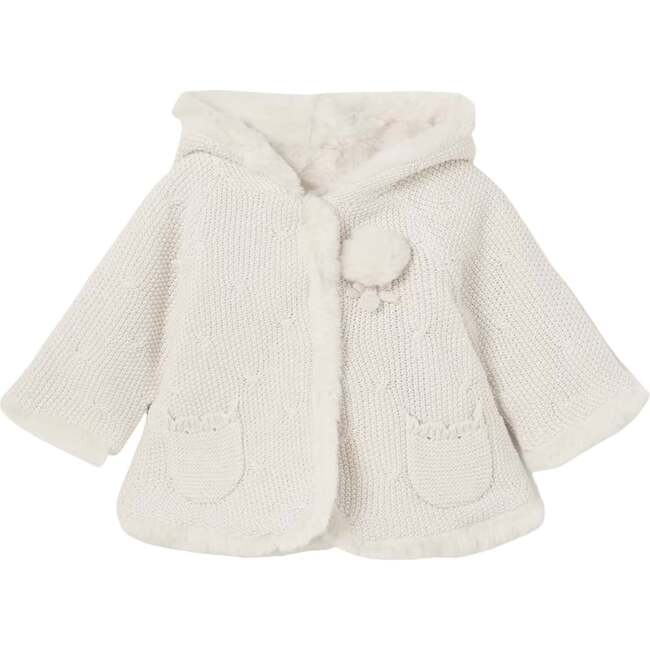 Pom Knit Hooded Coat, Beige