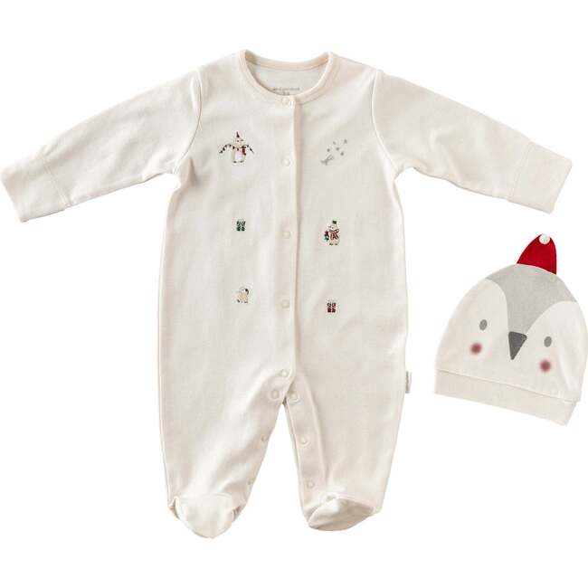 Penguin Print Babygrow & Hat, Cream