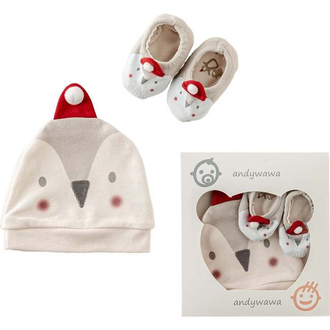 Penguin Graphic Booties & Hat, Cream