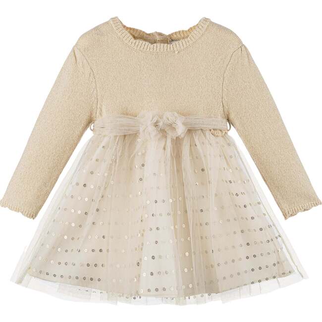 Knit Polka Dot Tulle Dress, Beige