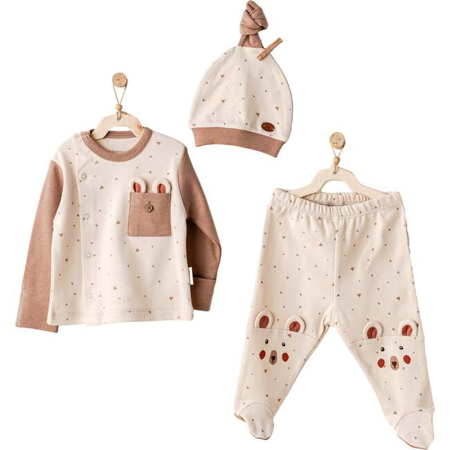 Adventurous Bear Graphic Outfit, Beige - Mixed Apparel Set - 3