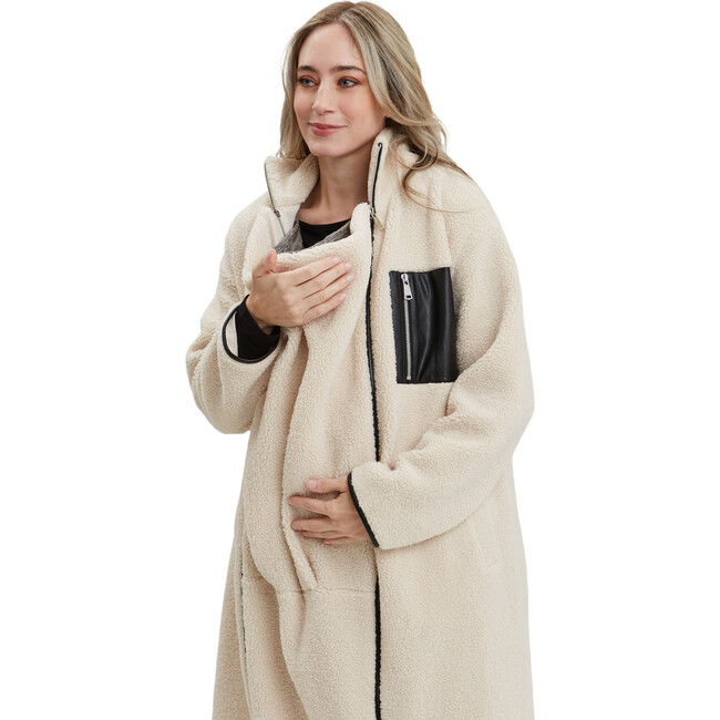 Teddi Stand Collar Double Zipper Long Maternity Coat, Cream