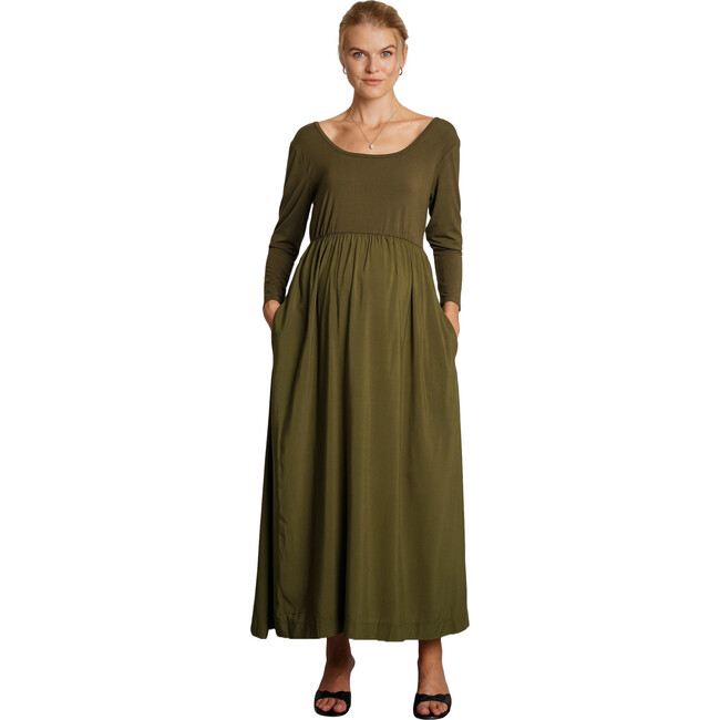 Maeve Round Neck Long Sleeve 4-Way Stretch Maternity Dress, Moss