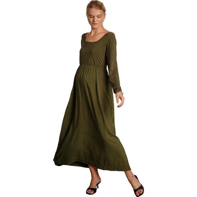 Maeve Round Neck Long Sleeve 4-Way Stretch Maternity Dress, Moss - Dresses - 2