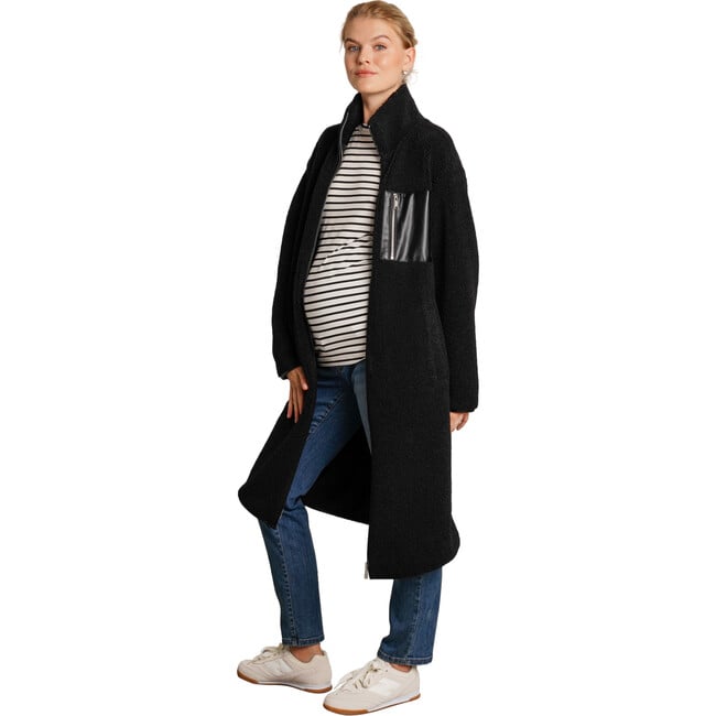 Teddi Stand Collar Double Zipper Long Maternity Coat, Black - Coats - 2