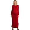 Curve Flattering Fit Round Neck Long Sleeve Side Slit Maternity Dress, Merlot - Dresses - 1 - thumbnail