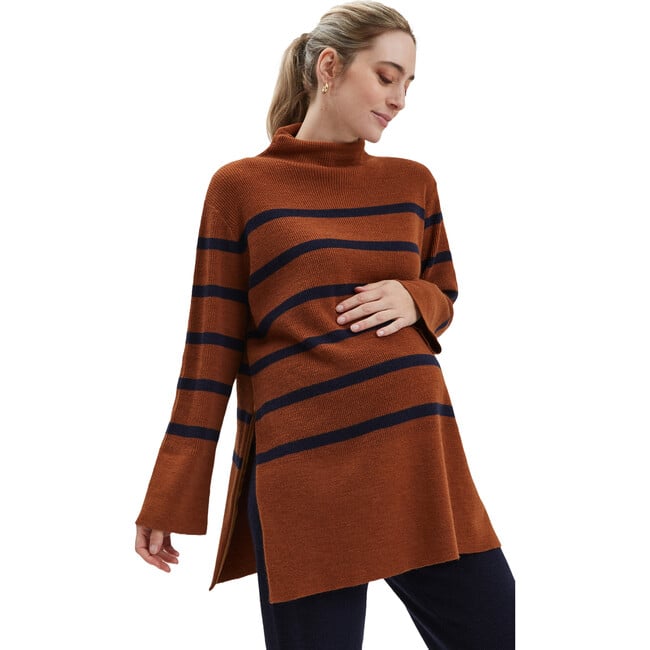 Sarabeth Turtle Neck Long Sleeve Maternity Sweater, Navy Stripe & Rust - Sweaters - 4