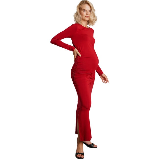 Curve Flattering Fit Round Neck Long Sleeve Side Slit Maternity Dress, Merlot - Dresses - 2