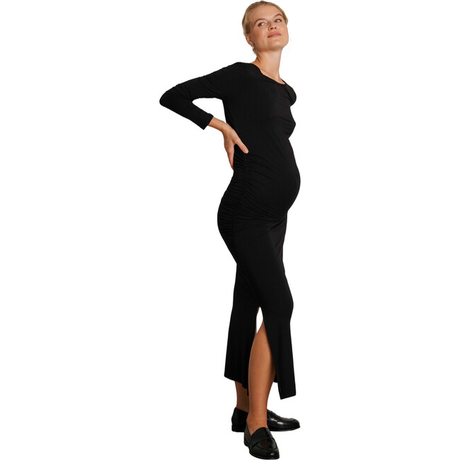 Curve Flattering Fit Round Neck Long Sleeve Side Slit Maternity Dress, Black - Dresses - 2