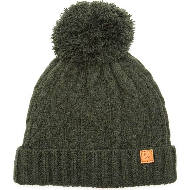 Cable Knit Pop Pom Hat, Olive Green