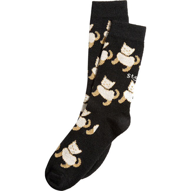 Women's Super Fine Wool Cozy Socks, Black Cats