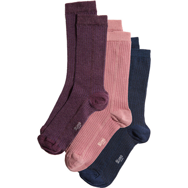 Women's Eco-Conscious Cashmere Crew Socks, Navy, Rosa & Mauve (Pack Of 3)