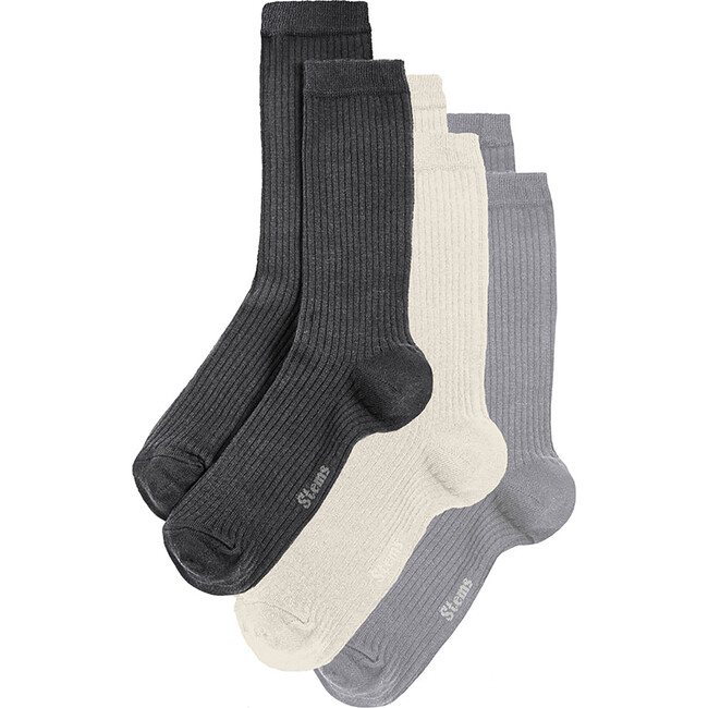 Women's Eco-Conscious Cashmere Crew Socks, Black, Grey & Ivory (Pack Of 3)