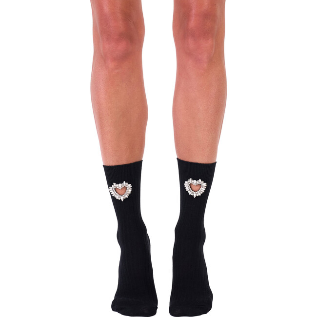 Women's Crystal Heart Crew Socks, Black