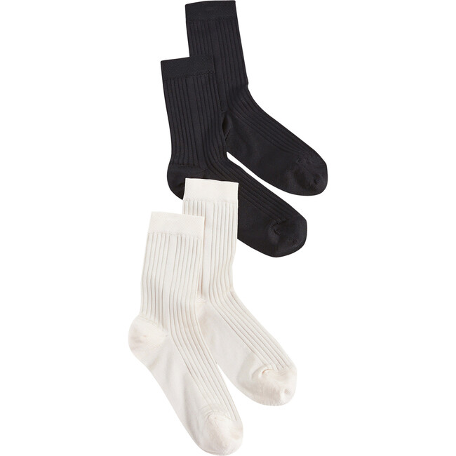 Women's Classic Silky Rib Crew Socks, Ivory & Black (Pack Of 2)