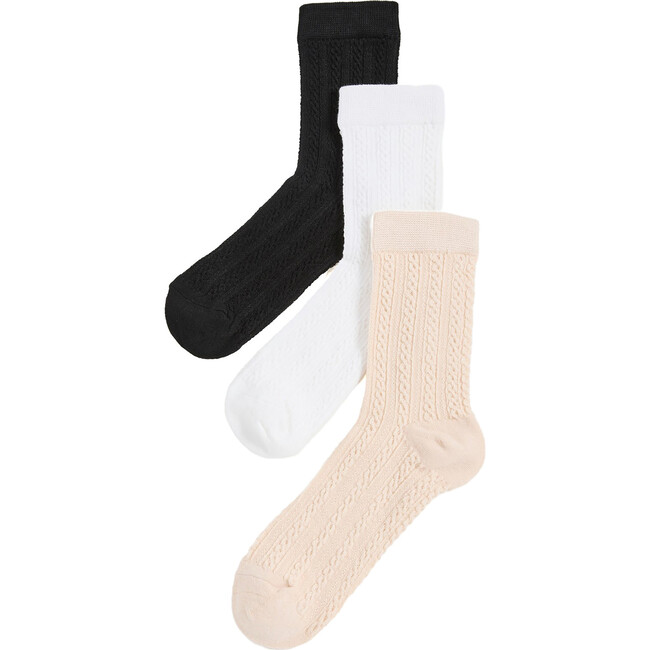 Women's Cable Knit Sheen Crew Socks, Ivory, Oat & Black (Pack Of 3)