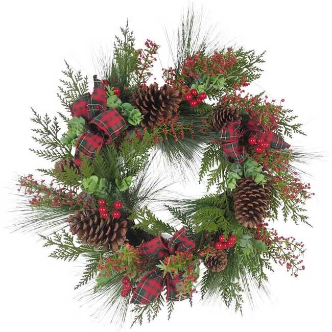 24-Inch Berries and Pinecone Ribbon Rattan Wreath