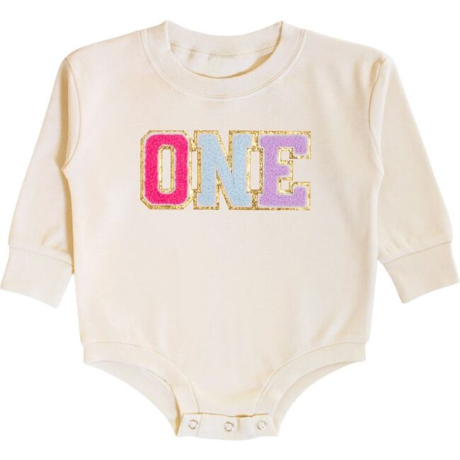 First Birthday Patch Long Sleeve Romper, Natural