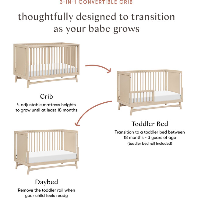 Peggy 3-In-1 Convertible Crib With Toddler Bed Conversion Kit, Taupe - Cribs - 11