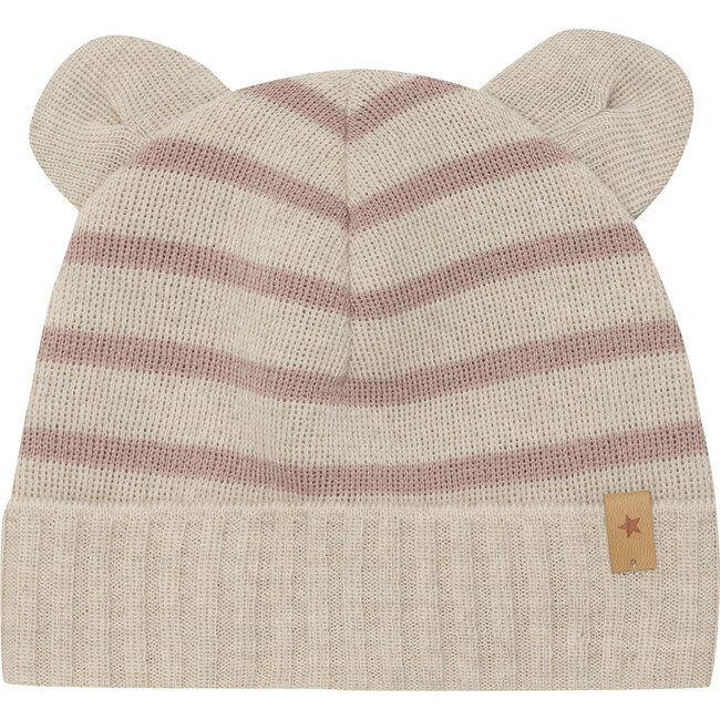 Beanie In Merino Wool Small Ears, Stripe Mahogany Rose