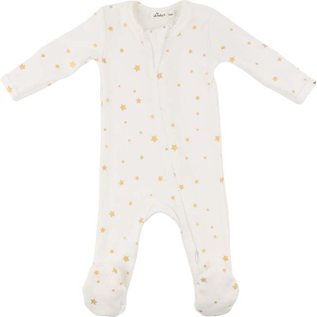 Mini Gold Star Foil Zipper Footie, Cream