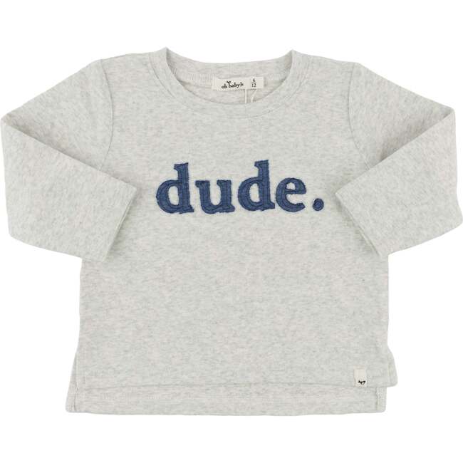 Denim "dude" Applique Raw Edge Baby Rib Tee, Heather Gray