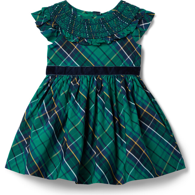 The Tartan Smocked Wound Neck Short Ruffle Sleeve Skater Dress, Green & Blue - Dresses - 1