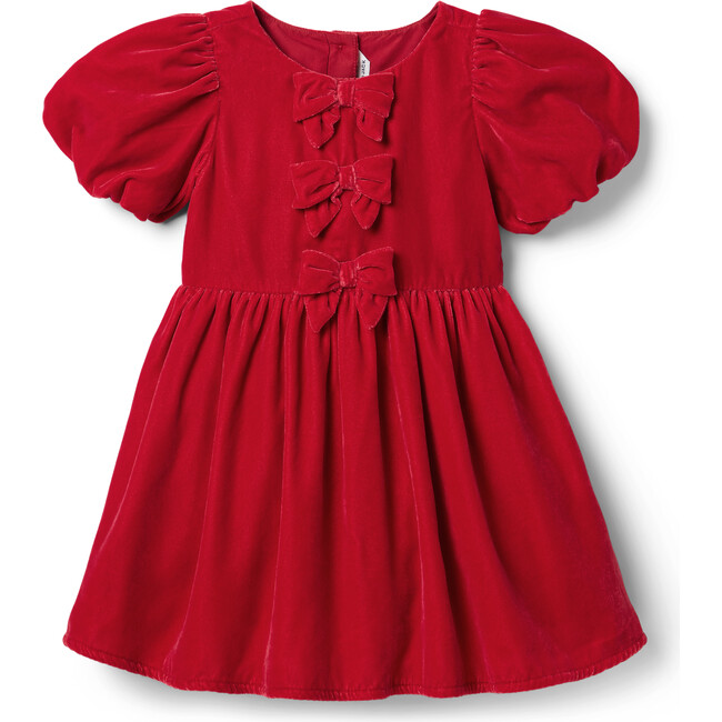 The Velvet Short Puff Sleeve 3-Bow Front Skater Dress, Red