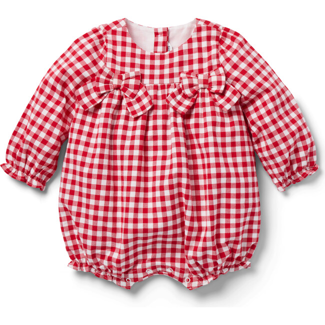 Baby Gingham Bow Chest Long Sleeve Ruffle Cuff Romper, Red