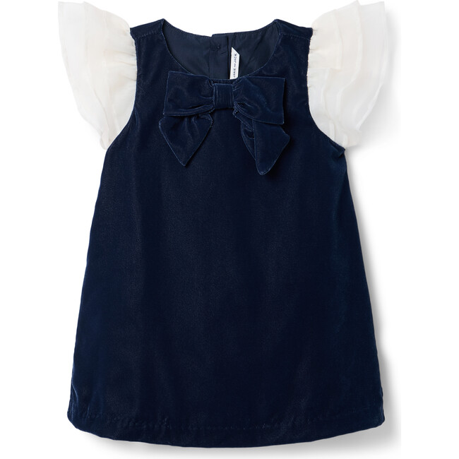 The Velvet Plush Contrast Organza Flutter Sleeve Bow Front A-Line Dress, Dark Blue - Dresses - 1