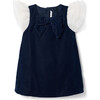 The Velvet Plush Contrast Organza Flutter Sleeve Bow Front A-Line Dress, Dark Blue - Dresses - 1 - thumbnail