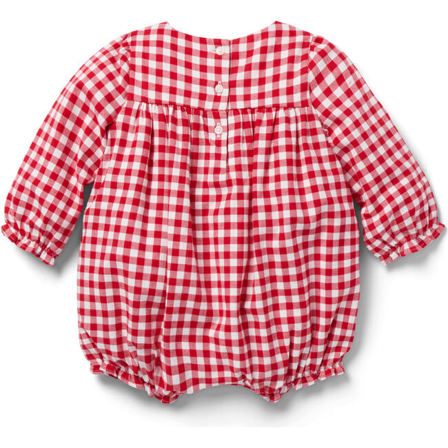 Baby Gingham Bow Chest Long Sleeve Ruffle Cuff Romper, Red - Rompers - 2