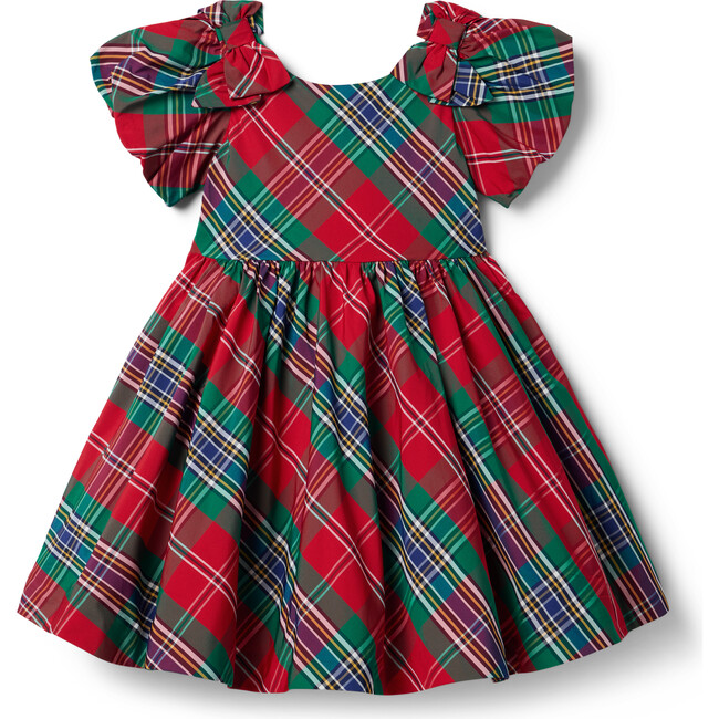 The Tartan Short Flutter Sleeve Bow Shoulder Skater Dress, Red & Green - Dresses - 1