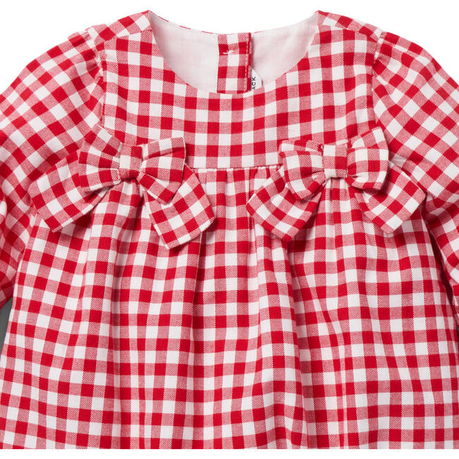 Baby Gingham Bow Chest Long Sleeve Ruffle Cuff Romper, Red - Rompers - 3