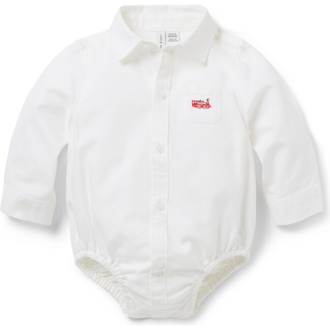 Baby Train Oxford Collared Long Sleeve Shirt Bodysuit, White