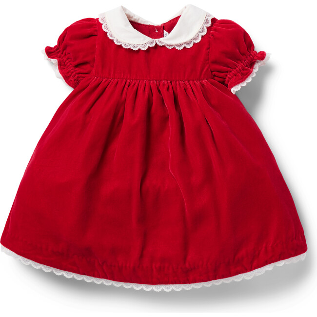 The Baby Velvet Contrast Peter Pan Lace Collar Short Puff Sleeve Dress, Red & White