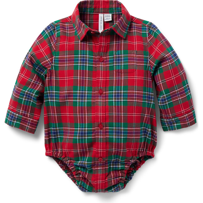 The Baby Tartan Collared Long Sleeve Shirt Bodysuit, Red & Green