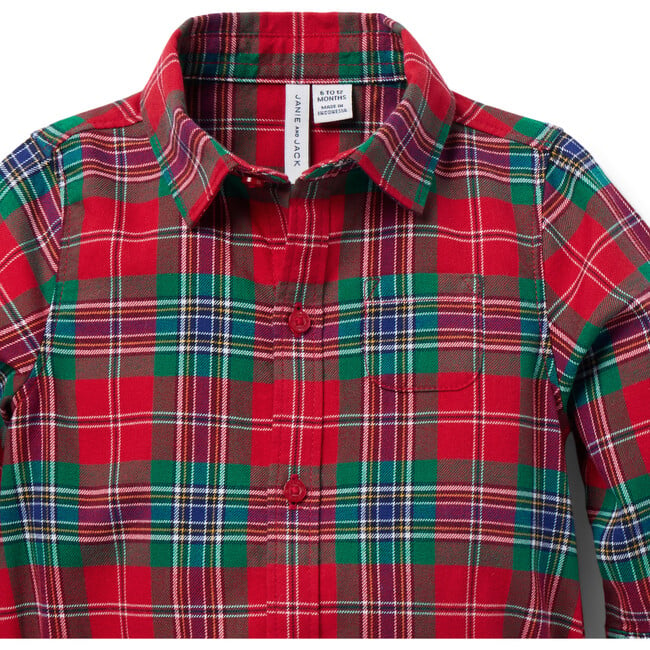 The Baby Tartan Collared Long Sleeve Shirt Bodysuit, Red & Green - Onesies - 2