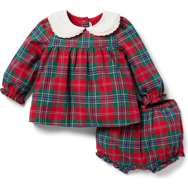 The Baby Tartan Contrast Peter Pan Collar Dress & Matching Bloomer Set, Red & Green