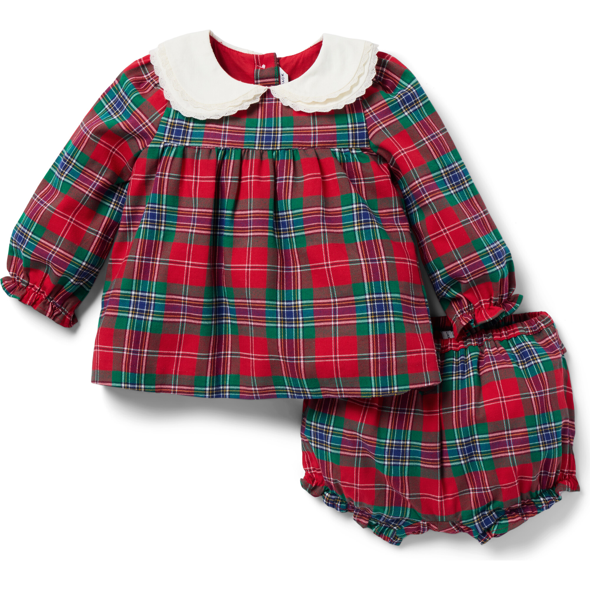 The Baby Tartan Contrast Peter Pan Collar Dress Matching Bloomer Set Red Green