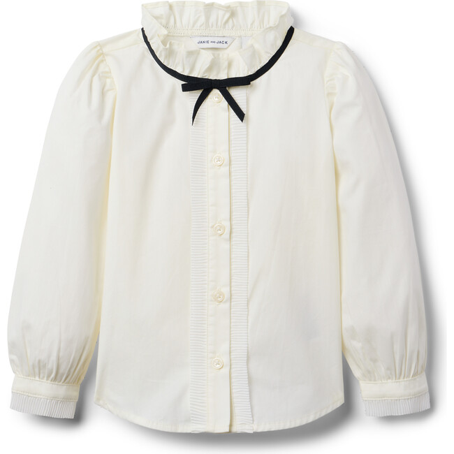 Pleated Trim Ruffle Collar Ribbon Neck Long Cuffed Sleeve Buttoned Top, Ivory