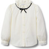 Pleated Trim Ruffle Collar Ribbon Neck Long Cuffed Sleeve Buttoned Top, Ivory - Blouses - 1 - thumbnail