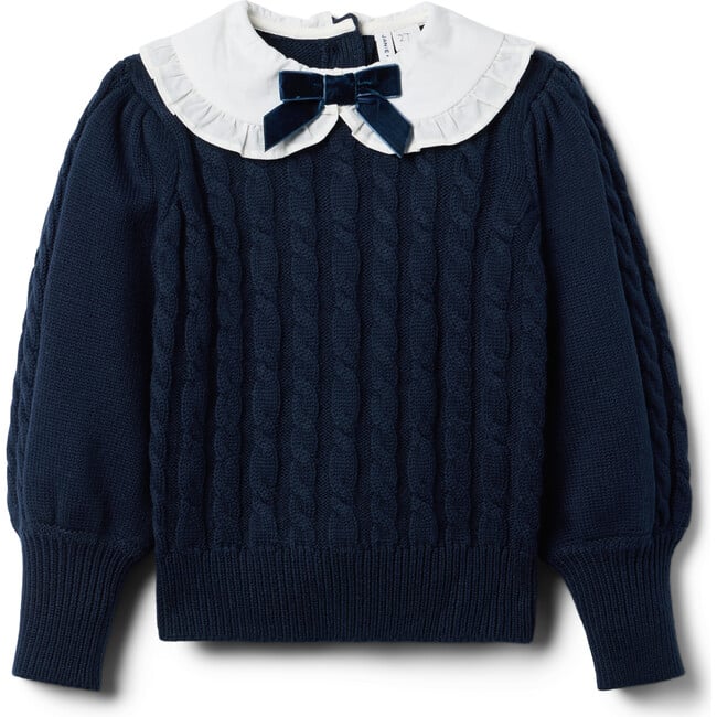 The Cable Close Knit Contrast Ruffle Collar Velvet Bow Sweater, Dark Blue - Sweaters - 1