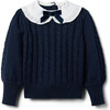 The Cable Close Knit Contrast Ruffle Collar Velvet Bow Sweater, Dark Blue - Sweaters - 1 - thumbnail