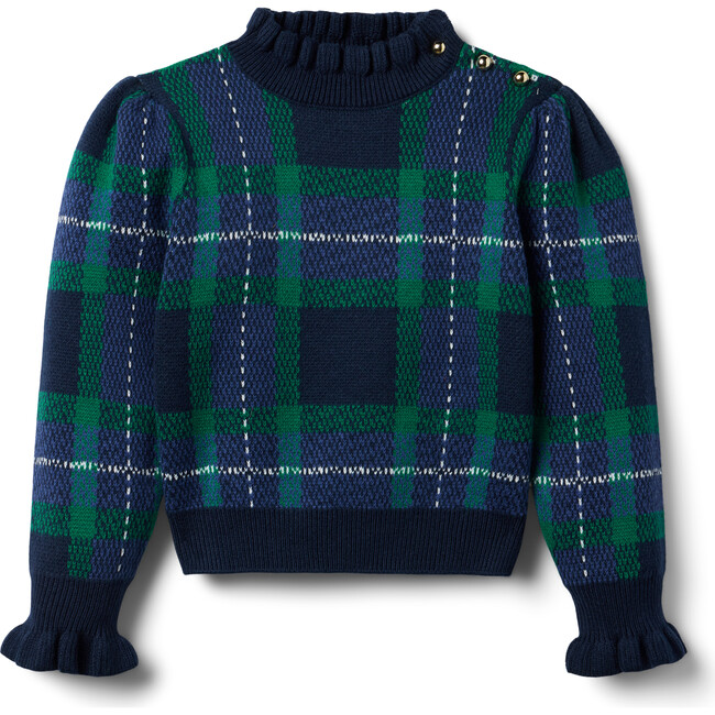 The Tartan Ruffle Collar Button Shoulder Long Sleeve Sweater, Multicolors